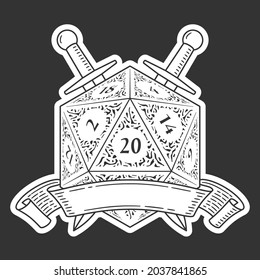 D20 Die With Ribbon and Swords. Outline Style