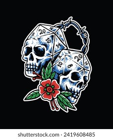 D20 skull illustration with traditional American style