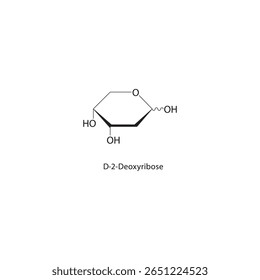 D-2-Deoxyribose skeletal structure. Sugar compound schematic illustration. Simple diagram, chemical formula.