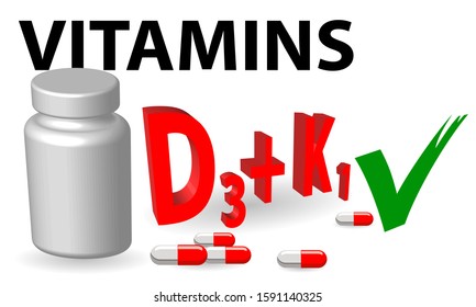 d3 and  k1 vitamins, medicine bottle and pills, vector illustration 