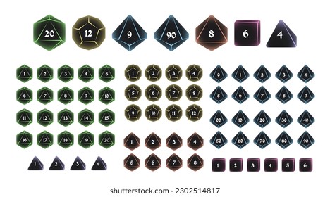 D4, D6, D8, D10, D12 y D20 iconos de dados para juegos de mesa con números