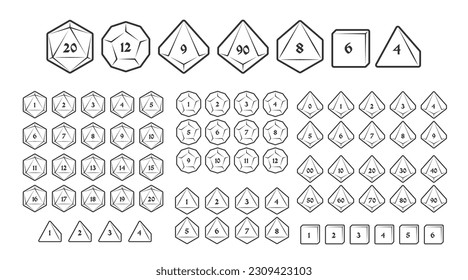D4, D6, D8, D10, D12, and D20 Dice Icons for Boardgames With Numbers, Line Style svg