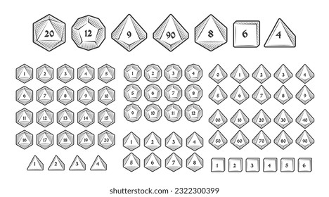 D4, D6, D8, D10, D12, and D20 Dice Icons for Board Games With Numbers, Line Style With Hatching svg