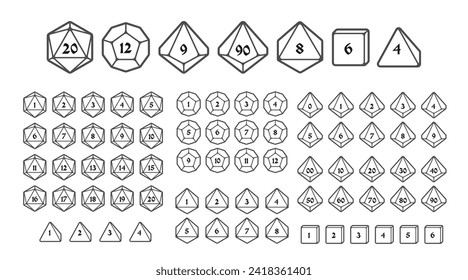 D4, D6, D8, D10, D12 y D20 iconos de dados para juegos de mesa con números, estilo de línea