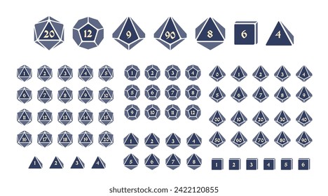 D4, D6, D8, D10, D12, and D20 Dice Icons for Boardgames With Numbers, Glyph Style