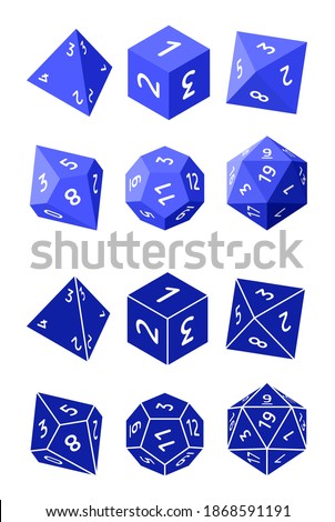 D4, D6, D8, D10, D12, and D20 Dice for Boardgames in Flat and Glyph Styles