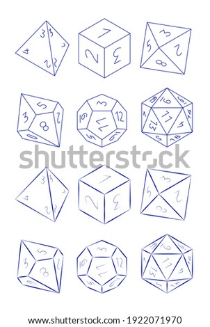 D4, D6, D8, D10, D12, and D20 Dice for Boardgames in Thin Line Style