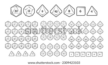 D4, D6, D8, D10, D12, and D20 Dice Icons for Boardgames With Numbers, Line Style