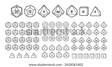 D4, D6, D8, D10, D12, and D20 Dice Icons for Boardgames With Numbers, Line Style