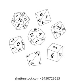 D8 D10 D12 D20 Dados para juegos de Tablero. Colección de dados poliédricos con diferentes lados. Ilustración vectorial