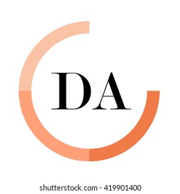 DA black letters , modern type of font , tree orange colors , simply alphabet like design identity