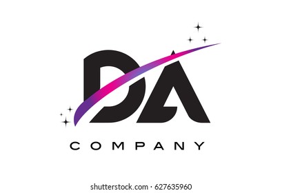 DA D A Black Letter Logo Design with Purple Magenta Swoosh and Stars.