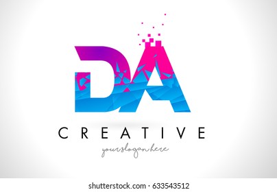 DA D A Letter Logo with Broken Shattered Blue Pink Triangles Texture Design Vector Illustration.
