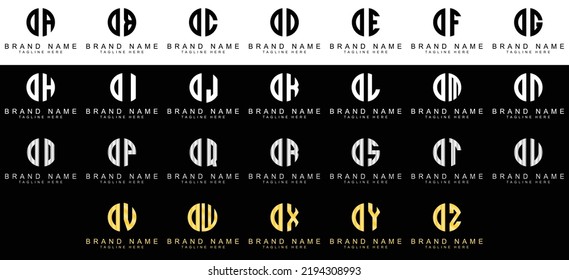 DA, DB, DC, DE, DF, DG, DH, DI, DJ, DK, DL, DM, DN, DO, DP, DQ, DR, DS, DT, DU, DV, DW, DX, DY, DZ monogram logo design. Creative modern icon vector illustration.