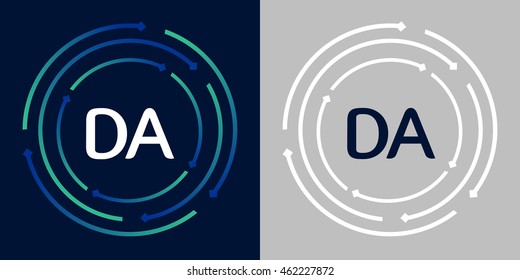 DA design template elements in abstract background logo, design identity in circle, letters business logo icon, blue/green alphabet letters, simplicity graphics