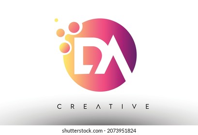 DA Dots Bubbles Letters in a Circle. DA Letter Design Logo with Purple Orange Colors Vector Illustration.