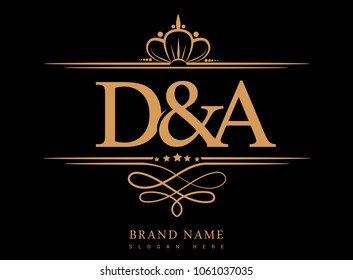 D&A Initial logo, Ampersand initial logo gold with crown and classic pattern
