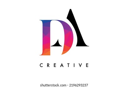 DA Letter Design with Creative Cut and Colorful Rainbow Texture. AD Letter Icon Vector Logo with Serif Font and Minimalist Style.