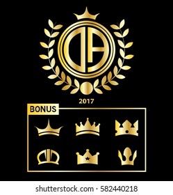 DA Letter Logo Circle Shape with Wheat and Crown Illustration, Bonus Crown Set Vector