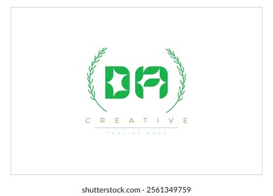 DA letters eco logo with leaf. Fresh nature and healthy leaf logo design.