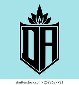 DA Logo featuring a minimalist design with a crown-like flower symbol on top, bold black elements, and a soft blue background, perfect for branding and modern visual identity.