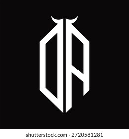 Monograma del logotipo de DA con la forma del cuerno aislada Plantilla de diseño blanco y negro sobre fondo negro