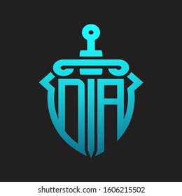 DA Logo monogram with sword and shield combination isolated blue colors gradient