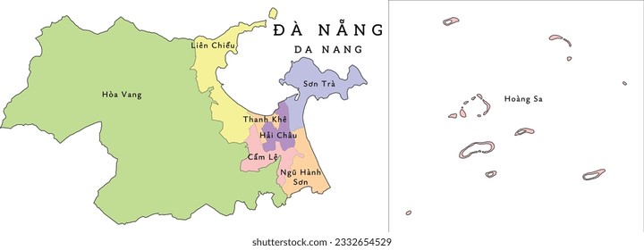 Da Nang (Đà Nẵng) municipality of Vietnam administrative divisions map. Clored. Vectored. Bright colors