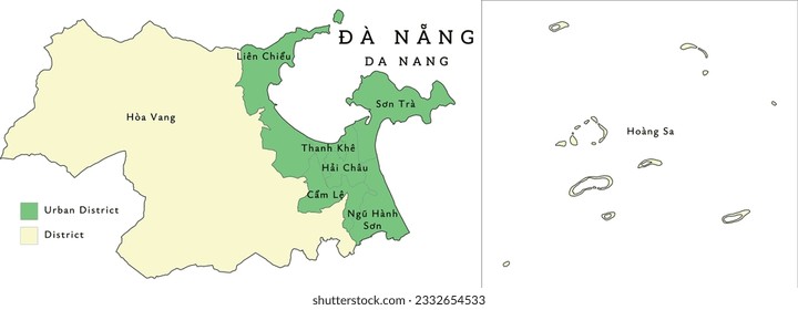 Da Nang (Đà Nẵng) municipality of Vietnam administrative divisions map. Clored. Vectored. Types of districts