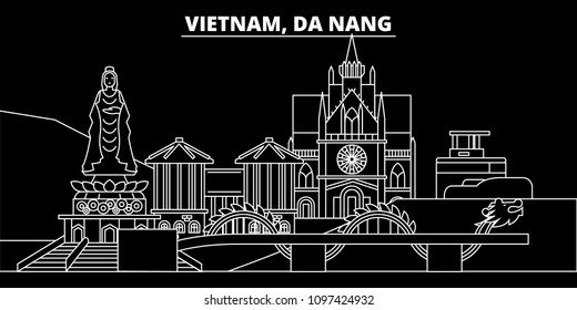 Da Nang silhouette skyline. Vietnam - Da Nang vector city, vietnamese linear architecture, buildings. Da Nang travel illustration, outline landmarks. Vietnam flat icon, vietnamese line banner