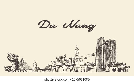 Da Nang skyline, Vietnam, hand drawn vector illustration, sketch