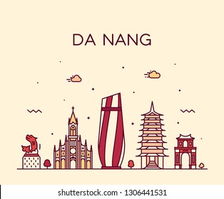 Skyline Da Nang, Vietnam. Ilustración vectorial de moda, estilo lineal