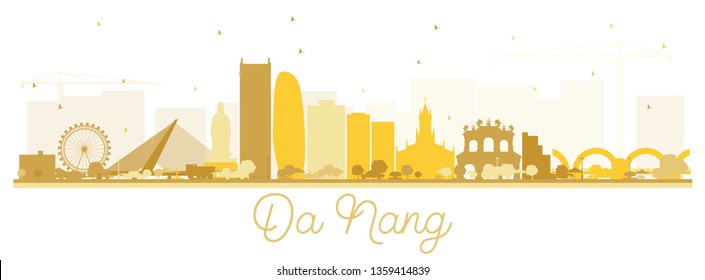 Silhouette de la ciudad vietnamita Da Nang con edificios dorados aislados en blanco. Ilustración vectorial. Concepto de viajes de negocios y turismo con arquitectura moderna. El paisaje urbano de Da Nang con monumentos.