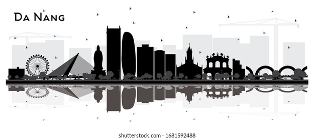 Da Nang Vietnam City Skyline Silhouette with Black Buildings and Reflections Isolated on White. Vector Illustration. Business Travel and Tourism Concept with Modern Architecture. Da Nang Cityscape.