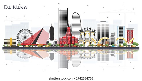 Da Nang Vietnam City Skyline with Color Buildings and Reflections Isolated on White. Vector Illustration. Business Travel and Tourism Concept with Modern Architecture. Da Nang Cityscape with Landmarks