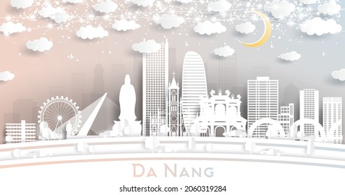 Da Nang Vietnam City Skyline in Paper Cut Style with White Buildings, Moon and Neon Garland. Vector Illustration. Travel and Tourism Concept. Da Nang Cityscape with Landmarks.