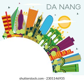 Da Nang Vietnam City Skyline with Color Buildings, Blue Sky and Copy Space. Vector Illustration. Business Travel and Tourism Concept with Modern Architecture. Da Nang Cityscape with Landmarks.