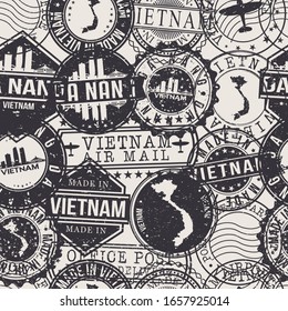 Da Nang, Vietnam Stamps Background. A City Stamp Vector Art. Set of Postal Passport Travel. Design Set Pattern.