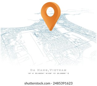 Da Nang, Vietnam, detalle Mapa de calles con pin de ubicación, Imagen de Plantilla de elemento de Vector editable 