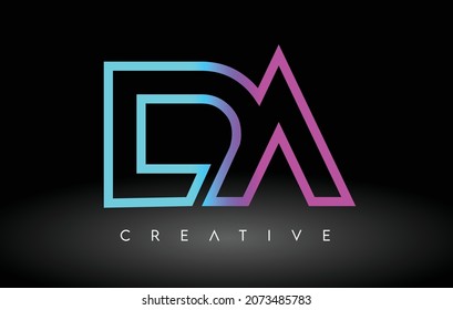 DA Neon Purple Blue Letters Logo Design. DA Outline Letter Icon Vector on Black Background Illustration