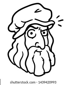 Da Vinci cartoon portrait. Funny caricature of the greatest inventor of the time - Leonardo di ser Piero da Vinci. Black and white simple line doodle isolated vector character design drawing. 