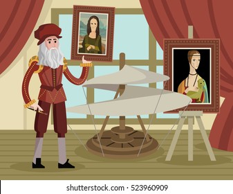 da vinci at his atelier workshop with mona lisa, paintings and helicopter flying machine