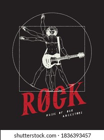 Da Vinci man playing guitar vector illustration. Rock music poster. Rock music t-shirt print with Vitruvian man.