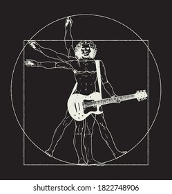 Da Vinci man playing rock guitar. Vitruvian man rock music t-shirt print vector illustration.