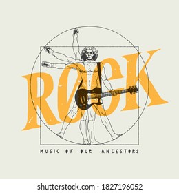 Da Vinci man playing rock guitar. Rock music t-shirt print with Vintruvian man.