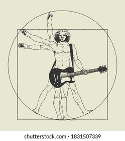 Da Vinci man playing rock guitar. Vitruvian man rock music t-shirt print.