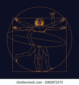 Da Vinci man surfer. Vitruvian man gone surfing showing shaka sign. Renaissance surfing vector illustration.