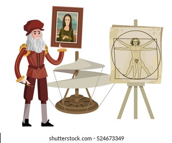 da vinci vitruvian man and mona lisa and helicopter