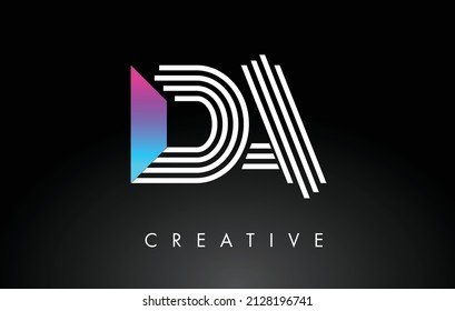 DA White Purple Lines Letter Logo. Creative Line Letters Design Vector Template.