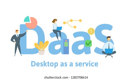 DaaS, Desktop as a Service. Concept with people, letters, and icons. Colored flat vector illustration. Isolated on white background. - Powered by Shutterstock - Get 15% off with code: PIKWIZARD15